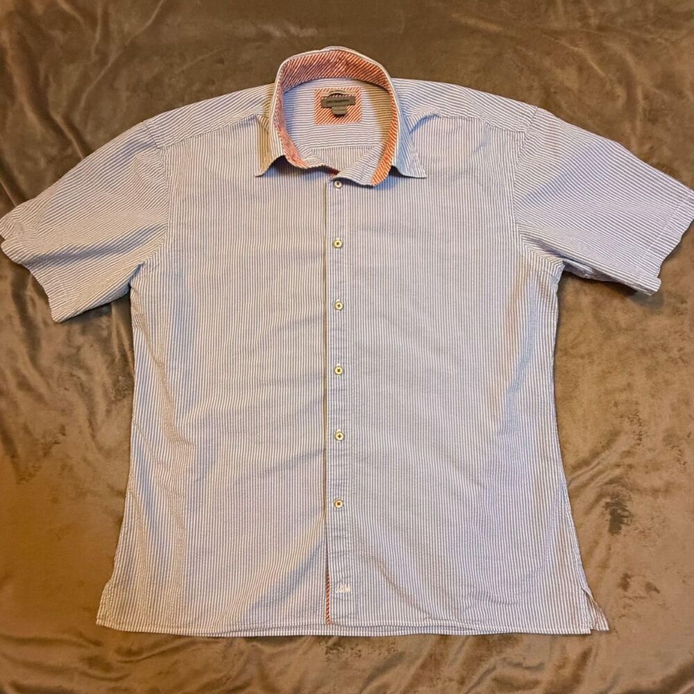 Johnston & Murphy blue & white striped short sleeve shirt Size L - 0236